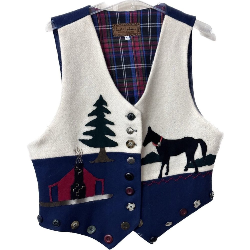 Lucia Lukken Broomskirts Western Horse Applique Wool Vest Blue White Large